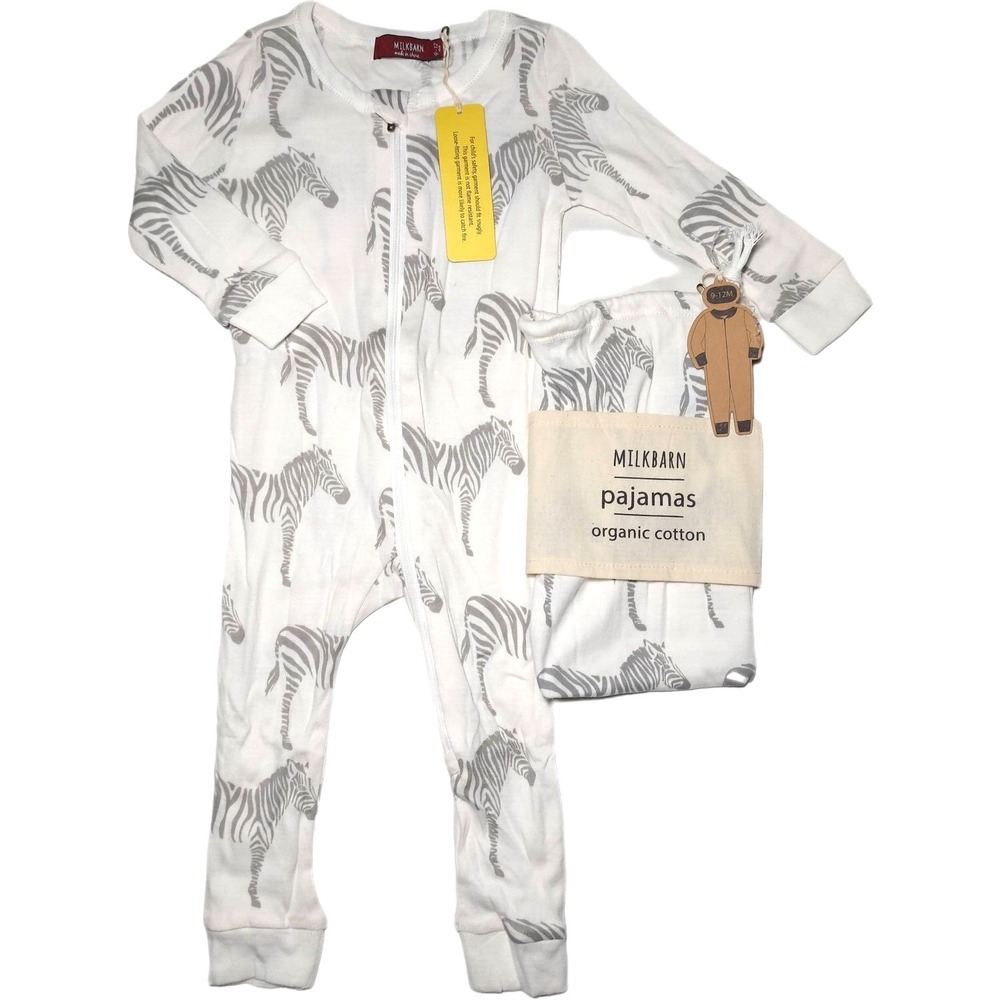 MILKBARN Baby Zebra Organic Cotton‎ Pajamas 9 12 Mos Zipper 1pc Sleeper Outfit